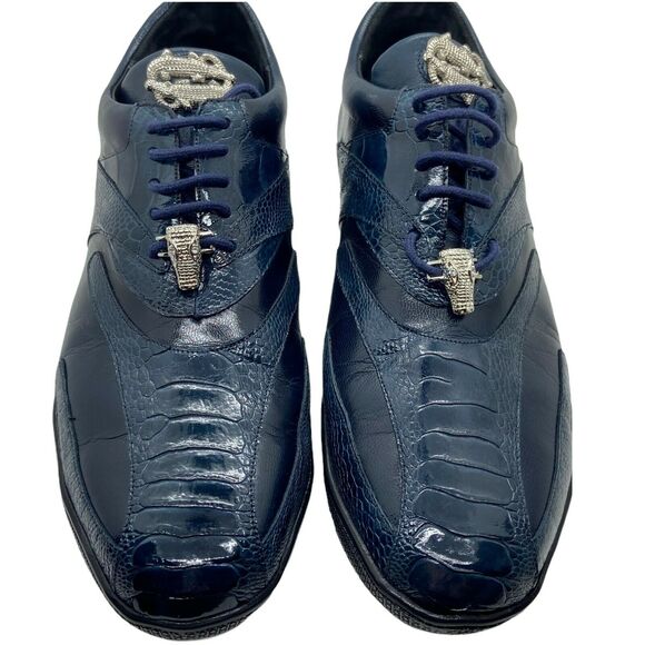 Studio Belvedere Sneakers Shoes Mens Size 8 M Bene Navy Blue Ostrich Lace Up - Picture 3 of 11